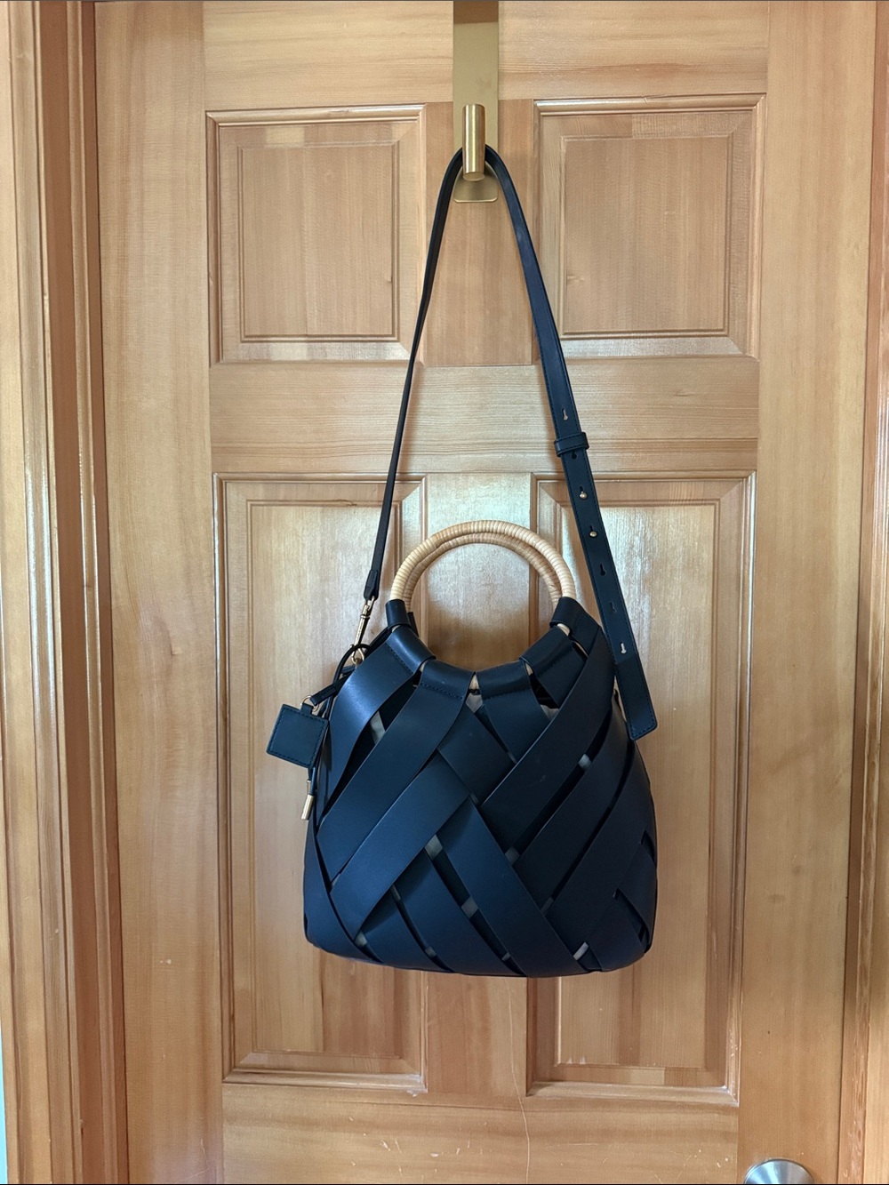 Dolce Vita Black Woven Shoulder Bag with Rattan Handle